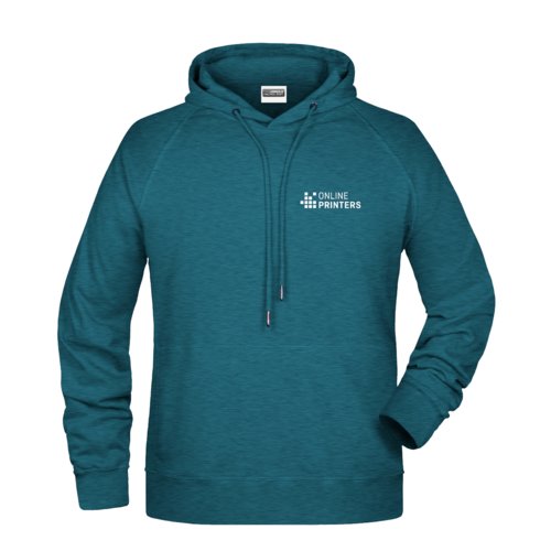 Petrol melierter Baumwoll-Polyester-Hoodie mit Kapuze und Kordelzug.