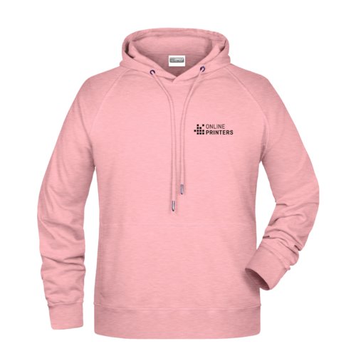 Rosa melierter Baumwoll-Polyester-Hoodie fr Herren mit Kapuze und Kordelzug.