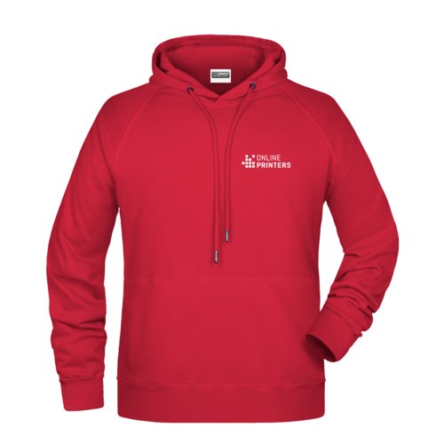 Roter Baumwoll-Polyester-Hoodie fr Herren mit Kordelzug.