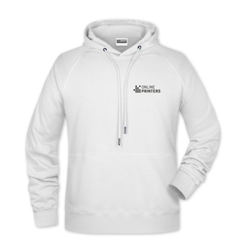 Weier Baumwoll-Polyester-Hoodie fr Herren mit Kapuze und Kordelzug.