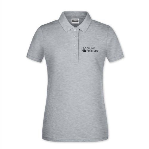 Grau meliertes Damen-Poloshirt aus Baumwolle mit Knopfleiste.