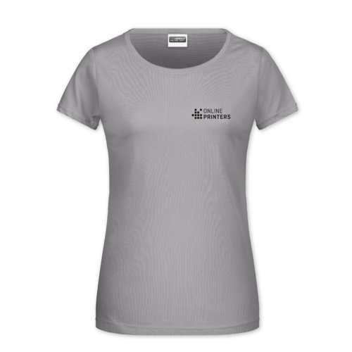 Hellgraues Baumwoll-T-Shirt fr Damen mit kurzen rmeln.