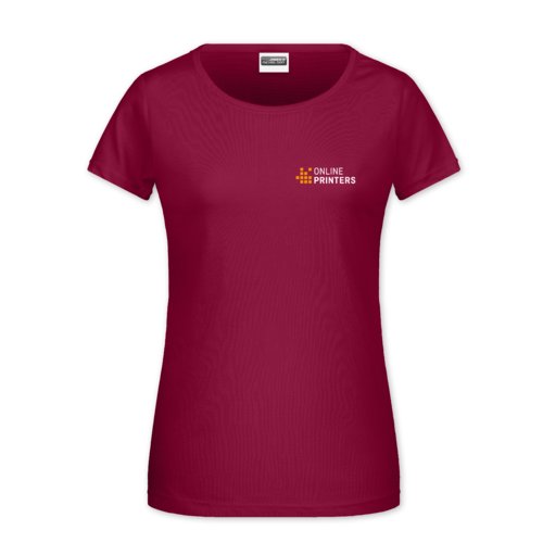 Burgunderrotes Baumwoll-T-Shirt fr Damen mit kurzen rmeln.