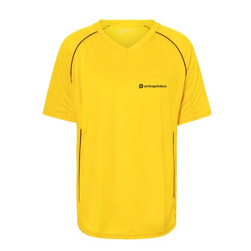 Gelbes Polyester-T-Shirt mit V-Ausschnitt und kurzen �rmeln.
