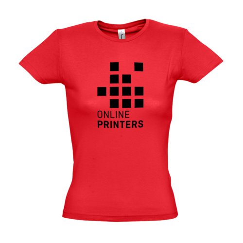 Rotes Baumwoll-T-Shirt fr Damen mit kurzen rmeln und tailliertem Schnitt.