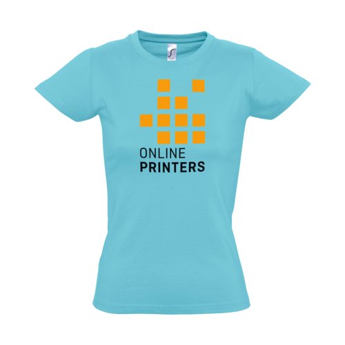 Atollblaues Baumwoll-T-Shirt fr Damen mit kurzen rmeln.