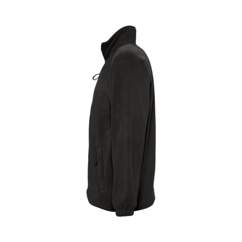 Schwarze Fleecejacke aus Polyester mit Reiverschluss und Seitentaschen.