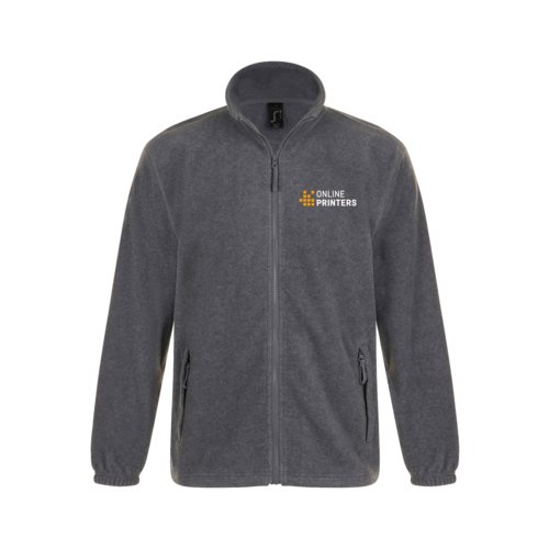 Graue Fleecejacke aus Polyester mit durchgehendem Reiverschluss und Seitentaschen.