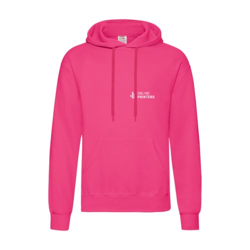 Fuchsiafarbener Herren-Hoodie aus Baumwollmischgewebe mit Kapuze und Kordelzug.