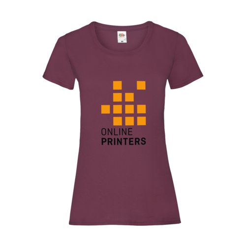 Burgunderrotes Baumwoll-T-Shirt fr Damen mit kurzen rmeln.
