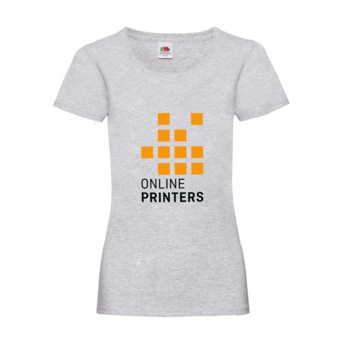 Grau meliertes Baumwoll-T-Shirt fr Damen mit kurzen rmeln und V-Ausschnitt.