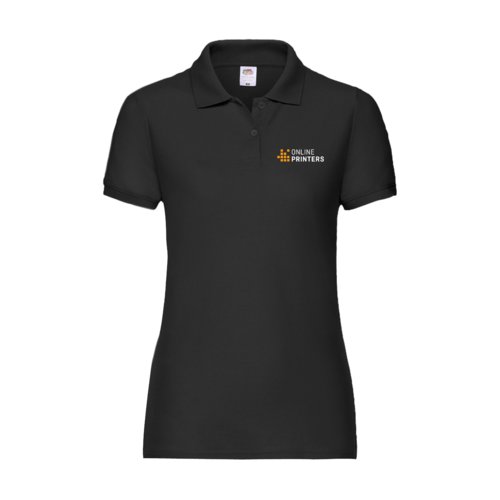 Schwarzes Damen-Poloshirt aus Polyester-Baumwoll-Mischgewebe mit kurzen rmeln.