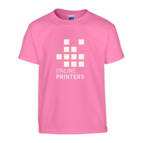 Rosa Baumwoll-T-Shirt mit kurzen rmeln und Rundhalsausschnitt.
