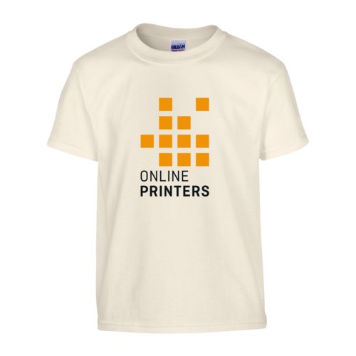Beiges Baumwoll-T-Shirt, Unisex, mit kurzen rmeln und Rundhalsausschnitt.