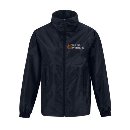 Marineblaue Windjacke aus Polyester mit Reiverschluss und Seitentaschen.