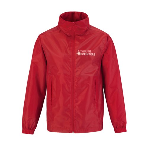 Rote Windjacke aus Polyester mit durchgehendem Reiverschluss und Seitentaschen.