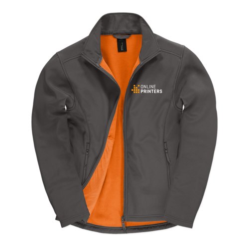 Dunkelgraue Softshelljacke aus Polyester-Elasthan-Gemisch mit Reiverschlusstaschen.