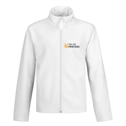 Weie Softshelljacke aus Polyester und Elasthan mit durchgehendem Reiverschluss.
