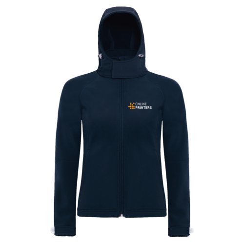 Marineblaue Softshelljacke aus Polyester und Elasthan mit Kapuze und Reiverschluss.