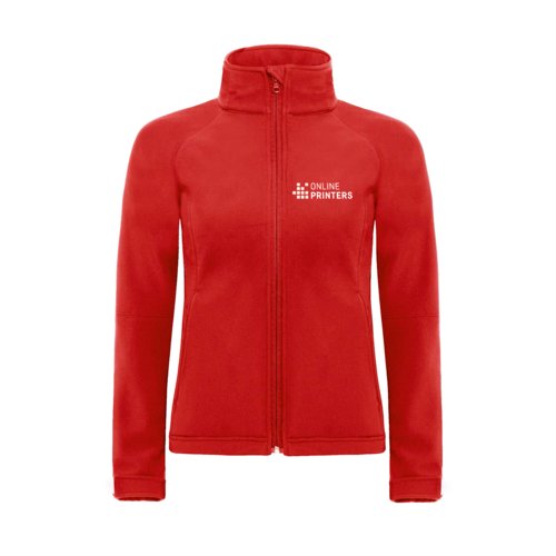 Rote Softshelljacke aus Polyester und Elasthan mit durchgehendem Reiverschluss.