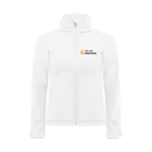 Weie Damen Softshelljacke aus Polyester und Elasthan mit durchgehendem Reiverschluss.