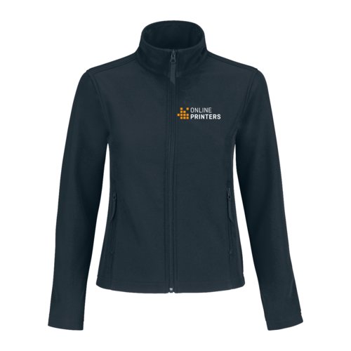 Marineblaue Softshelljacke aus Polyester-Elasthan-Gemisch mit Reiverschluss und Taschen.