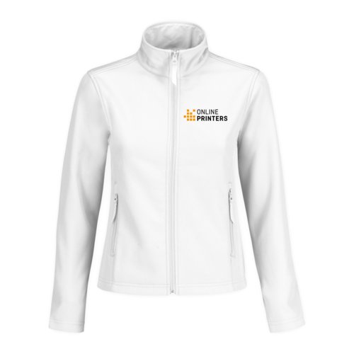 Weie Softshelljacke aus Polyester-Elasthan-Mix fr Damen mit Reiverschlusstaschen.