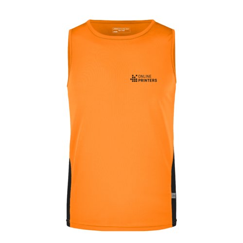 Orangefarbenes Tanktop aus Polyester fr Herren mit schwarzen Seiteneinstzen.