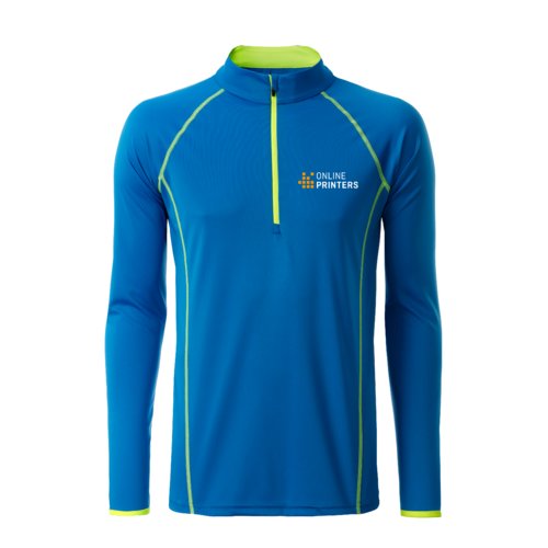 Blaues und neongelbes Polyester-Langarmshirt mit kurzem Reiverschluss.