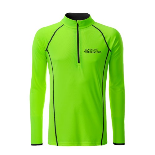 Neongrnes Polyester-Langarmshirt mit kurzem Reiverschluss.