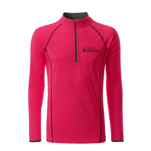 Neonpinkes/graues Langarmshirt aus Polyester mit Reiverschluss.