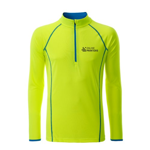 Neongelbes Polyester Langarmshirt mit kurzem Reiverschluss.