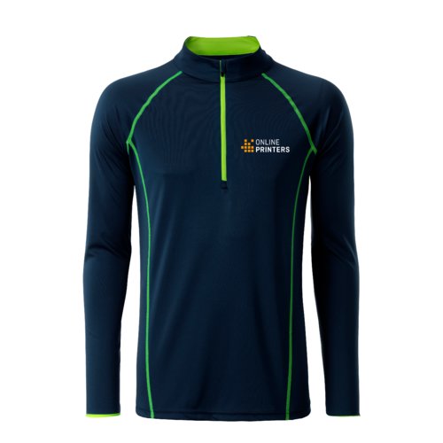 Marineblaues Funktions-Langarmshirt aus Polyester mit kurzem Reiverschluss.