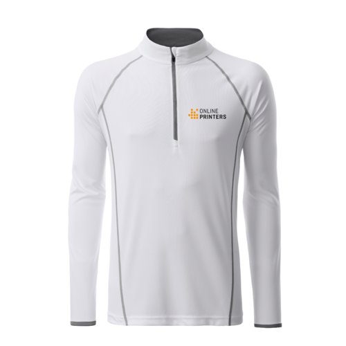 Weies Polyester-Langarmshirt mit Reiverschluss.