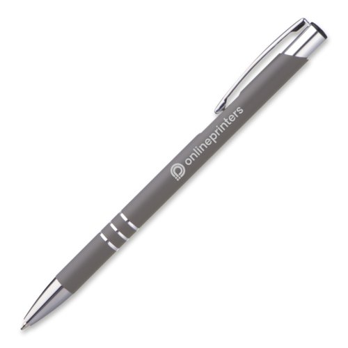 Grauer Metall-Kugelschreiber mit Clip und Druckknopf.