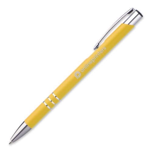 Gelber Metall-Kugelschreiber mit Clip und Druckknopf.
