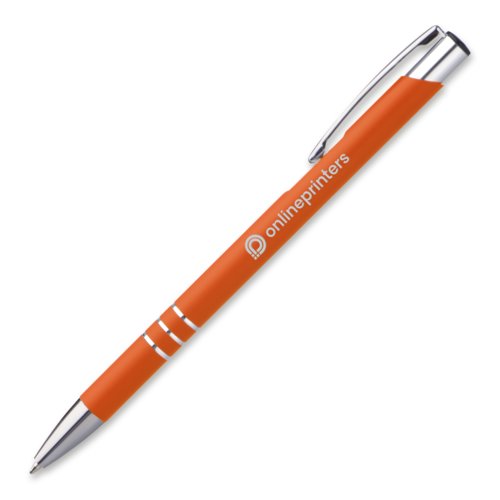 Oranger Metall-Kugelschreiber mit Clip und Druckmechanismus.