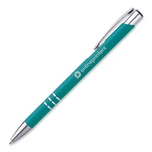 Trkisfarbener Metall-Kugelschreiber mit Clip und Druckknopf.