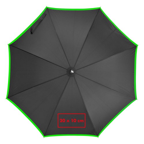 Schwarzer Automatik-Regenschirm mit farbiger Umrandung.