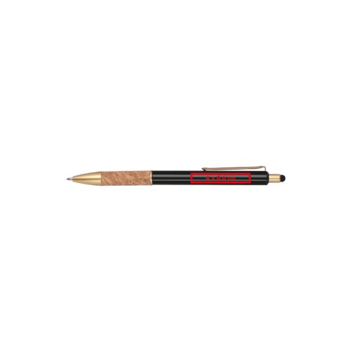 Metall-Kugelschreiber mit Kork-Elementen, Clip und Touchscreen-Stift.