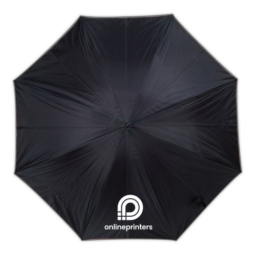 Grauer Regenschirm mit doppelter Bespannung und Muster.
