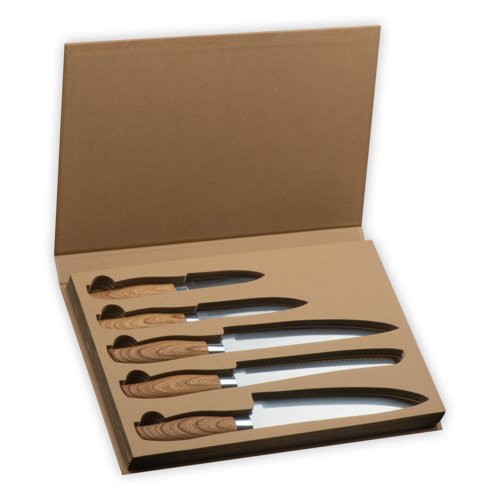 Graues Messer-Set aus Stahl und Holz, fnfteilig.