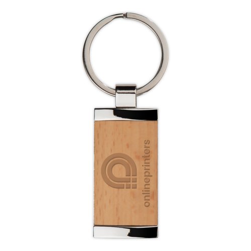 Holz-Schlsselanhnger mit Metalleinfassung und Metallring.