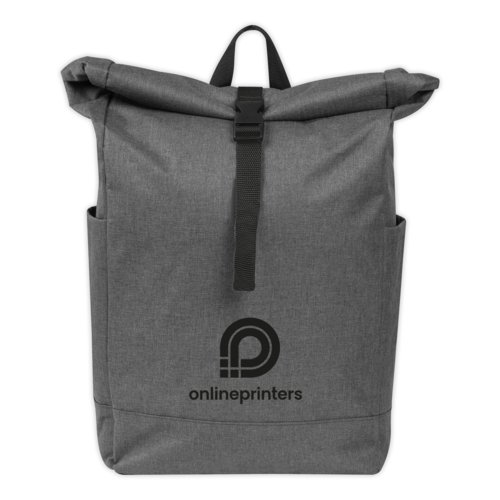 Grauer Stoff-Rucksack mit Rollverschluss und verstellbaren Trgern.