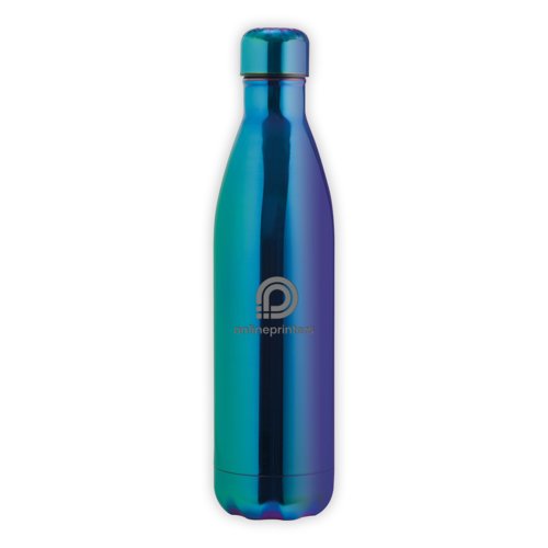Blaue Edelstahl-Trinkflasche, vakuumisoliert mit Schraubverschluss.