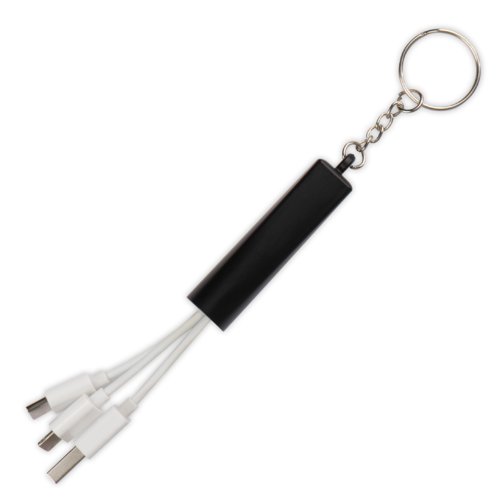 Schwarzes 3-in-1 USB-Ladekabel mit Schlsselanhnger.