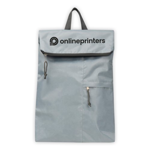 Grauer, faltbarer Rucksack aus leichtem Material mit Tragegriffen.
