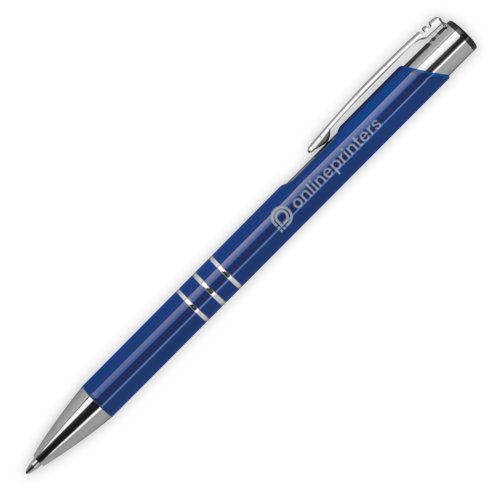 Blauer Metall-Kugelschreiber mit Clip und Drehmechanismus.