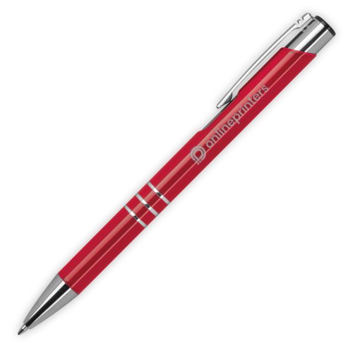 Roter Metall-Kugelschreiber mit Muster, Clip und Druckmechanismus.