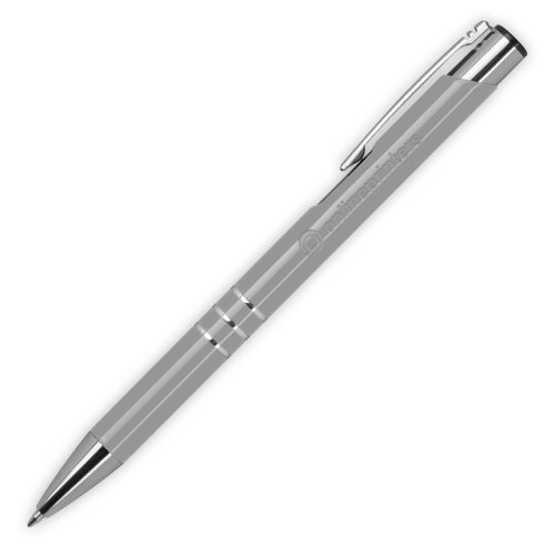 Grauer Metall-Kugelschreiber mit Clip und Druckmechanik.